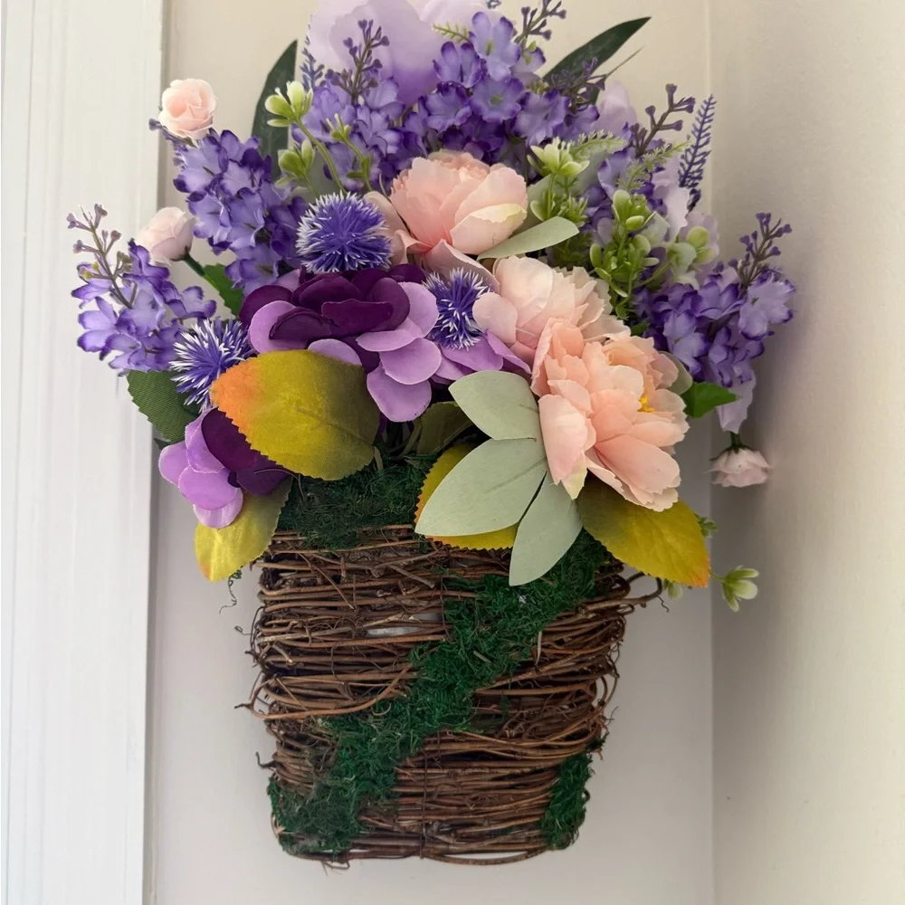 Floral Wall or Door Basket with Purple and Pink Accents